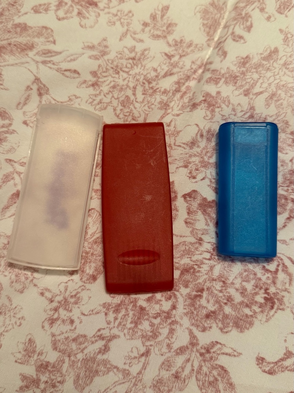 Red, Blue, and Clear Plastic Band aid Covers - Travel case Accessories set of 3